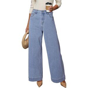 Women Beau Blue High Waisted Wide Leg Denim Jean Stretchy Loose Pant with Pocket